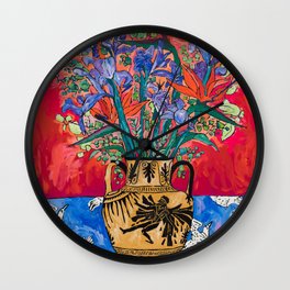 Icarus Floral Still Life Painting with Greek Urn, Irises and Bird of Paradise Flowers Wall Clock