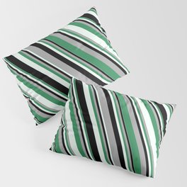 [ Thumbnail: Dark Gray, Sea Green, Mint Cream, and Black Colored Stripes/Lines Pattern Pillow Sham ]