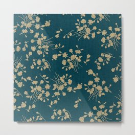 Gold Green Blue Flower Sihlouette Metal Print | Flower, Gold, Floral, Spring, Ornament, Fabric, Photo, Baroque, Curtain, Blue 