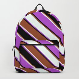[ Thumbnail: Sienna, Mint Cream, Orchid & Black Colored Pattern of Stripes Backpack ]