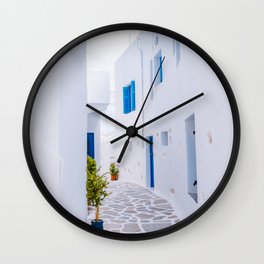 Alleyway in Greece | White Blue Bright Photograph in the Streets of the Greek Island Wall Clock