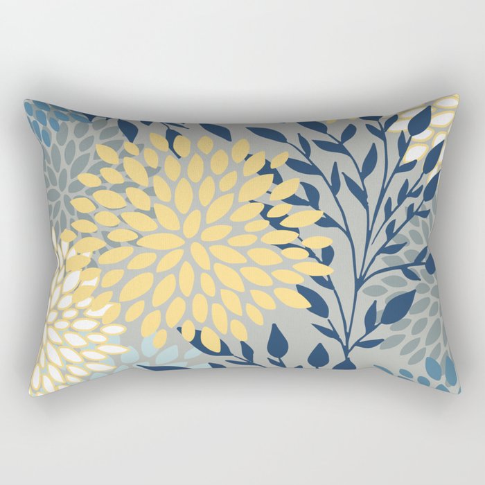 Festive, Floral Prints and Leaves, Yellow, Gray, Navy Blue, Teal Rectangular Pillow