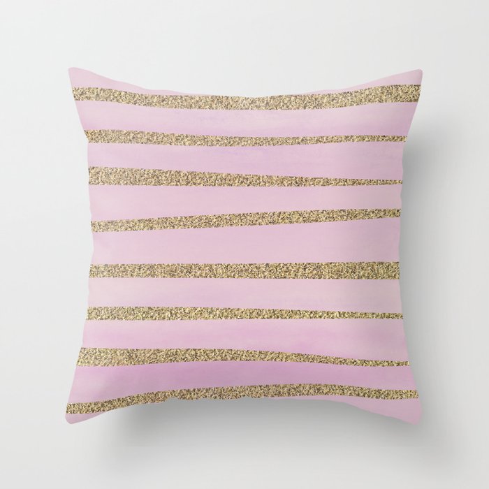 Soft Pink and Gold faux Glitter Stripes Throw Pillow