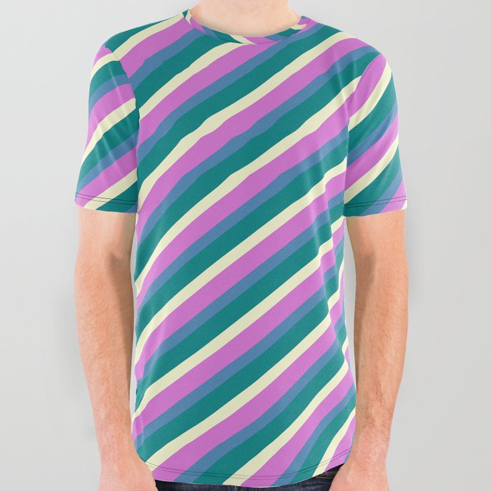Orchid, Blue, Teal & Light Yellow Colored Striped/Lined Pattern All Over Graphic Tee