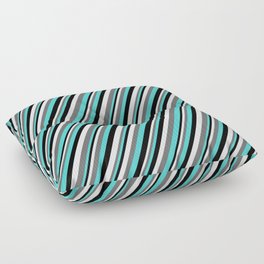 [ Thumbnail: White, Dim Gray, Turquoise, and Black Colored Lined Pattern Floor Pillow ]
