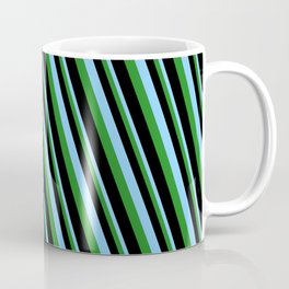 [ Thumbnail: Light Sky Blue, Forest Green & Black Colored Pattern of Stripes Coffee Mug ]