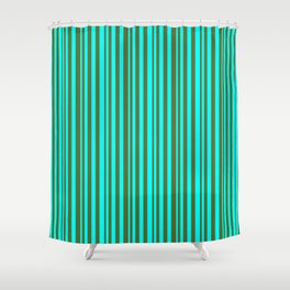 [ Thumbnail: Cyan and Dark Olive Green Colored Lined/Striped Pattern Shower Curtain ]