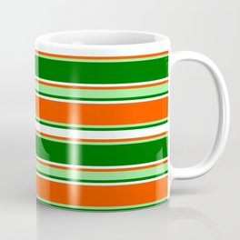 [ Thumbnail: Red, Light Green, Dark Green, and Mint Cream Colored Lined/Striped Pattern Coffee Mug ]