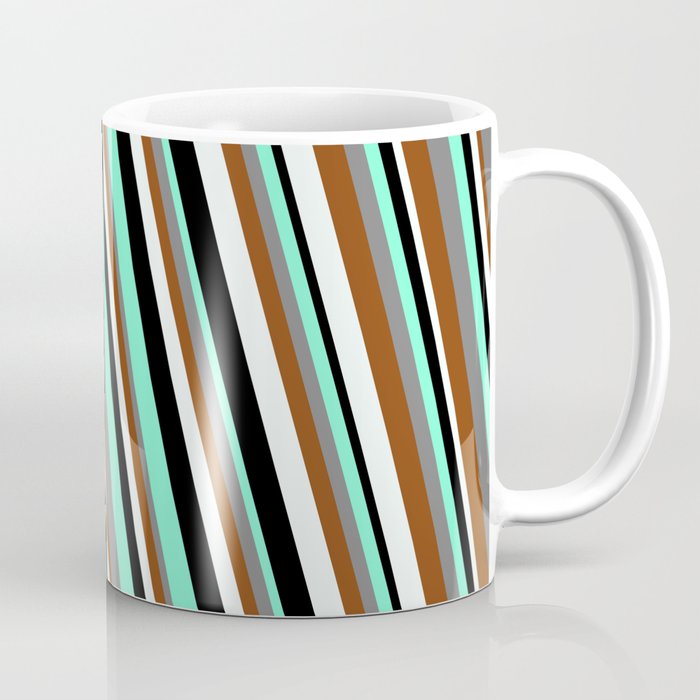 Eyecatching Aquamarine, Gray, Brown, Mint Cream, and Black Colored Striped/Lined Pattern Coffee Mug