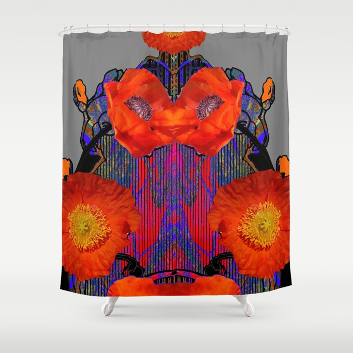 Modern Art Nouveau Fiery Orange Poppy Flowers Purple Shower Modern Art Nouveau Fiery Orange Poppy Flowers Purple Shower Curtain