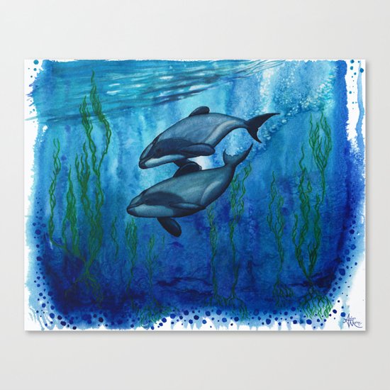 "Maui's Magic" by Amber Marine ~ (Maui's Dolphins) Watercolor Painting, (c) 2016 Canvas Print