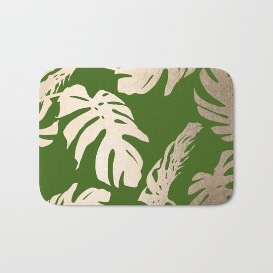 Palm Leaves White Gold Sands on Jungle Green Bath Mat