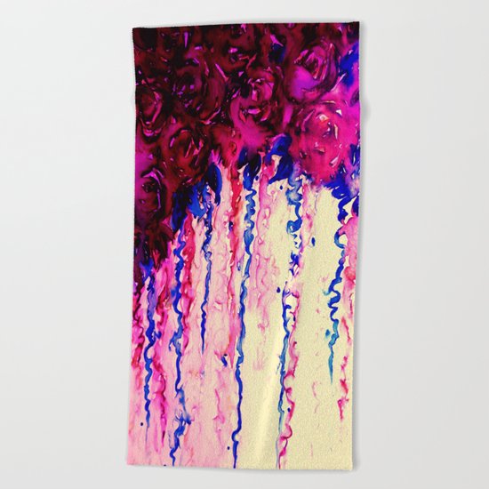 PETALS ON PARADE, Oxblood Marsala Red Royal Blue Floral Abstract Watercolor Roses Flowers Painting Beach Towel