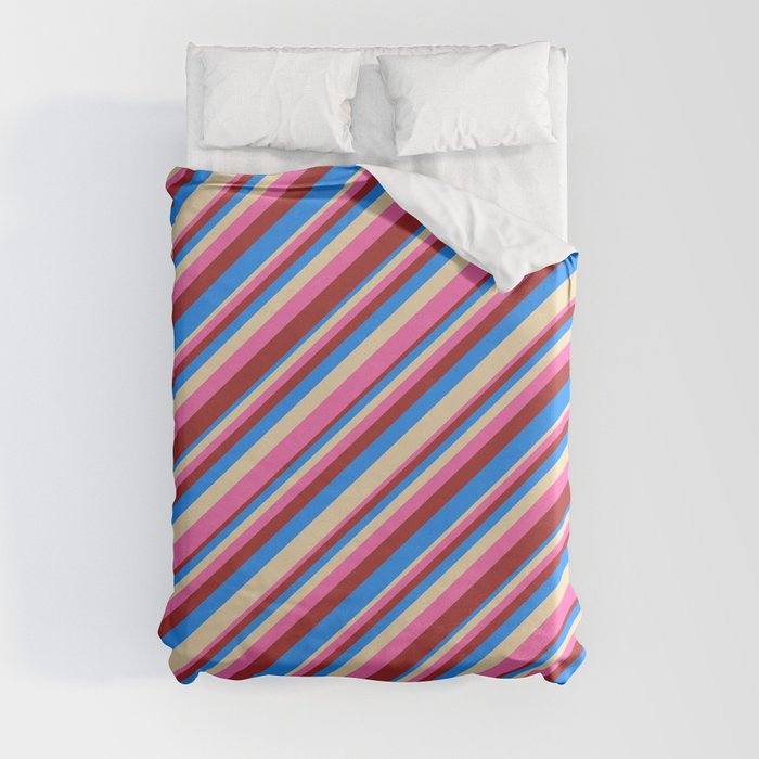 Tan, Hot Pink, Brown & Blue Colored Striped Pattern Duvet Cover