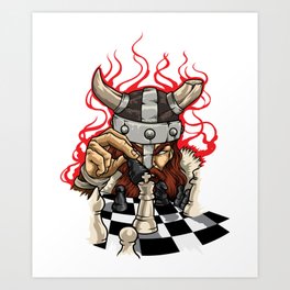 Brave Viking With Chessboard - Chess Art Print | Cartooncharacter, Chesstournament, Chesspieces, Strategygame, Checkmate, Odin, Chessteam, Graphicdesign, Chessplayer, Chessclub 