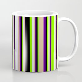 [ Thumbnail: Eyecatching Indigo, Tan, Lavender, Green & Black Colored Lines/Stripes Pattern Coffee Mug ]