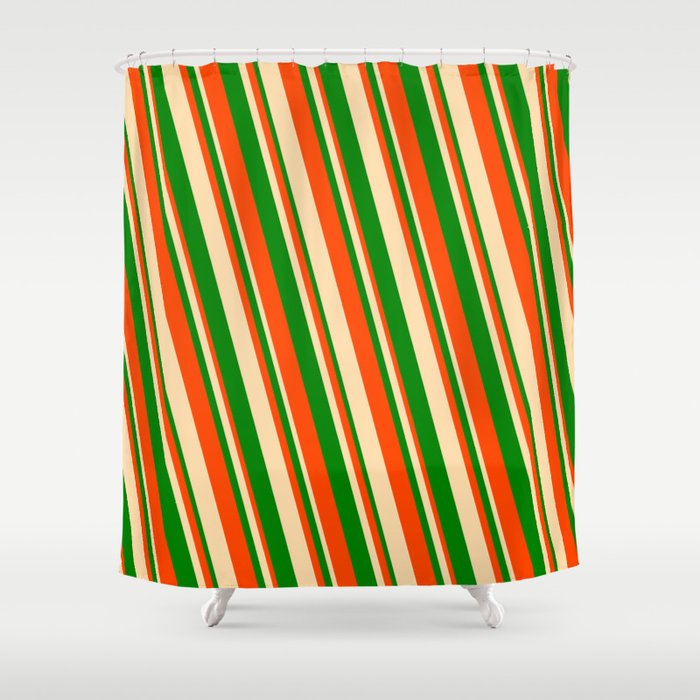 Red, Tan, and Green Colored Striped Pattern Shower Curtain
