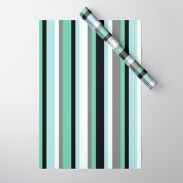 [ Thumbnail: Aquamarine, Black, Powder Blue, Mint Cream, and Gray Colored Pattern of Stripes Wrapping Paper ]