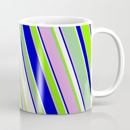[ Thumbnail: Vibrant Blue, Beige, Green, Dark Sea Green, and Plum Colored Pattern of Stripes Coffee Mug ]