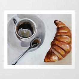 French breakfast, coffee and croissant, original oil painting, daily art Art Print