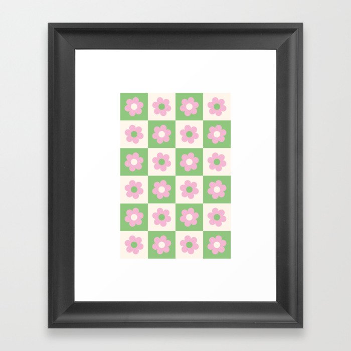 Checkered Daisies in Pink and Green Framed Art Print