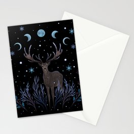 Deer in Winter Night Forest Stationery Card