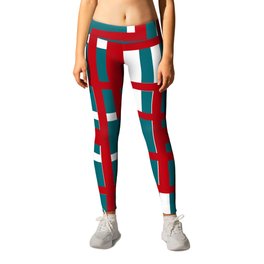 Rectangles Red and White Geo Abstract On Blue Leggings
