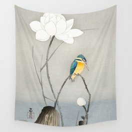 Kingfisher sitting on a lotus flower - Vintage Japanese Woodblock Print Art Wall Tapestry