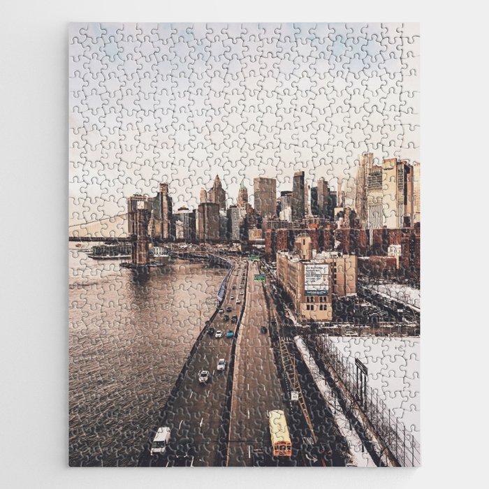 New York City | NYC Skyline and Brooklyn Bridge | Film Style Photography | Lower Manhattan Winter Jigsaw Puzzle
