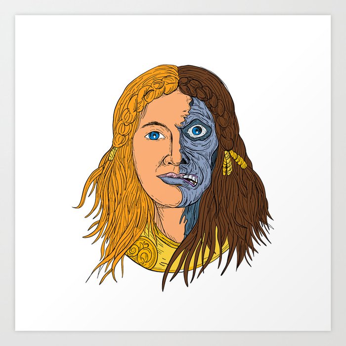 Hel Norse Goddess Face Front Drawing Color Art Print