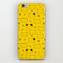 Yellow and Black Doodle Kitten Faces Pattern iPhone Skin