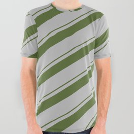 [ Thumbnail: Dark Olive Green & Grey Colored Striped/Lined Pattern All Over Graphic Tee ]
