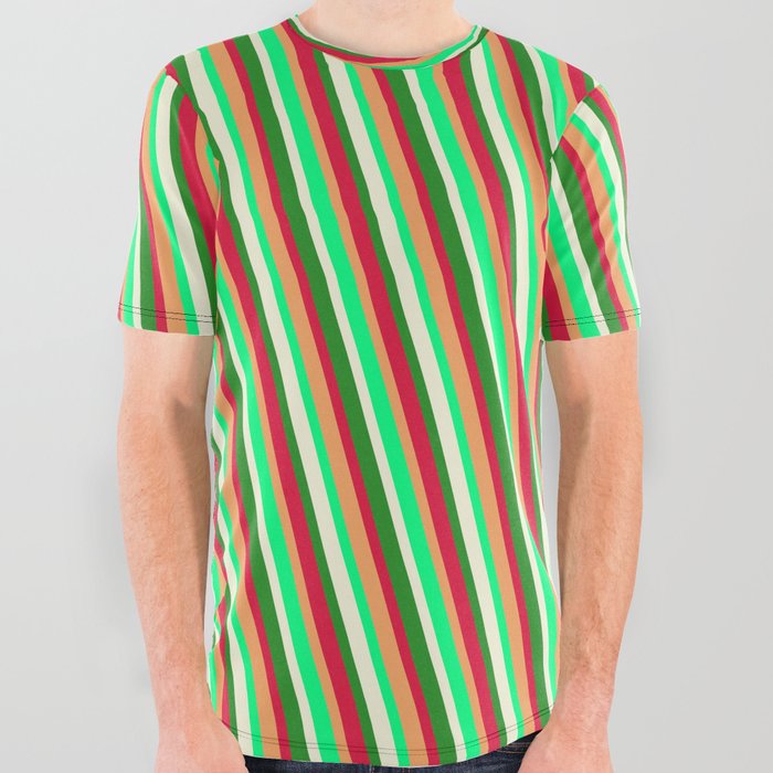 Brown, Green, Beige, Forest Green & Crimson Colored Lined Pattern All Over Graphic Tee