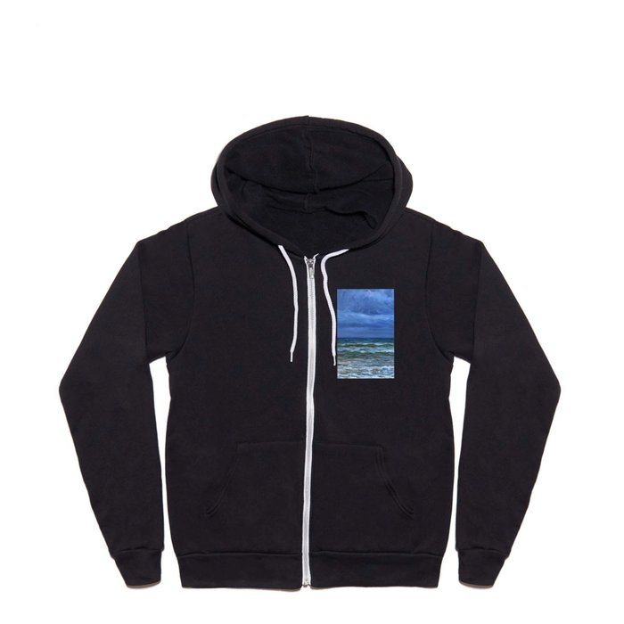 'Ocean Blue Twilight' waves rushing to seashore coastal landscape painting by Giorgio Belloni Full Zip Hoodie