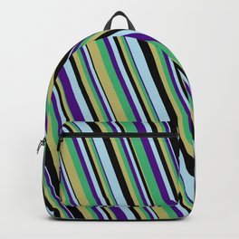 [ Thumbnail: Eye-catching Sea Green, Dark Khaki, Black, Light Blue, and Indigo Colored Striped/Lined Pattern Backpack ]