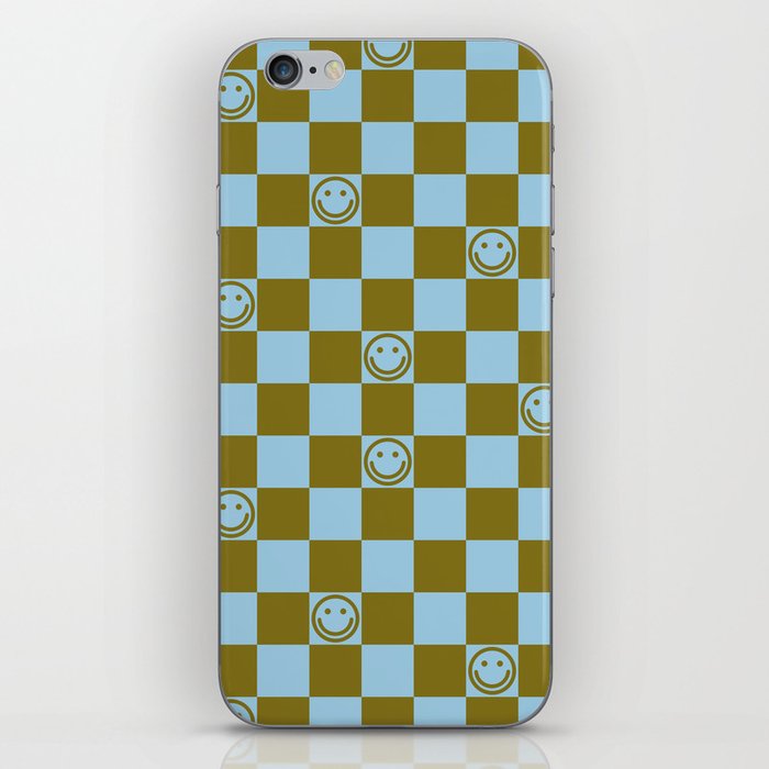 Checkered Smiley Faces \\ Autumn Grass Color & Pastel Blue iPhone Skin