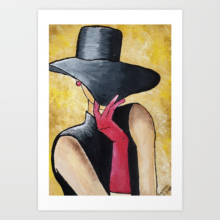 Lady in black hat and red gloves Art Print