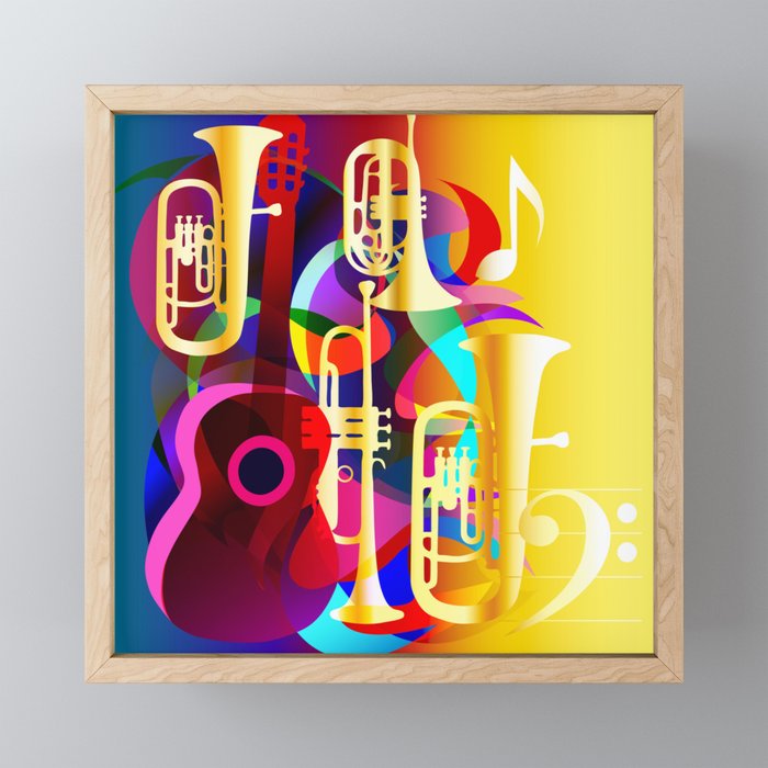 Colorful music instruments with guitar, trumpet, musical notes, bass clef and abstract decor Framed Mini Art Print