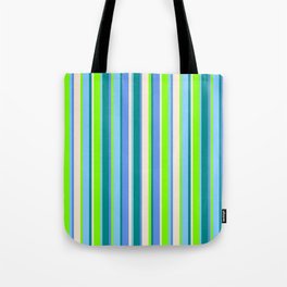 [ Thumbnail: Eye-catching Chartreuse, Light Sky Blue, Dark Cyan, Cornflower Blue, and Beige Colored Lines Pattern Tote Bag ]