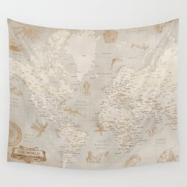 Vintage looking current world map with sea monsters and sail ships Wall Tapestry