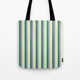 [ Thumbnail: Dark Turquoise, Hot Pink, Dark Cyan & Pale Goldenrod Colored Lined Pattern Tote Bag ]