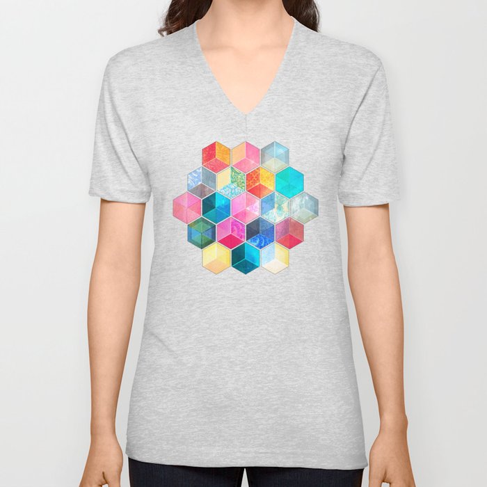 Crystal Bohemian Honeycomb Cubes - colorful hexagon pattern Unisex V-Ausschnitt Crystal Bohemian Honeycomb Cubes - colorful hexagon pattern Unisex V-Ausschnitt