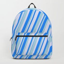 [ Thumbnail: Blue, Light Blue & Lavender Colored Lined/Striped Pattern Backpack ]