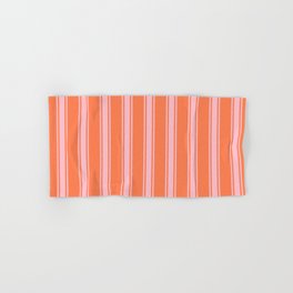 [ Thumbnail: Coral and Pink Colored Pattern of Stripes Hand & Bath Towel ]