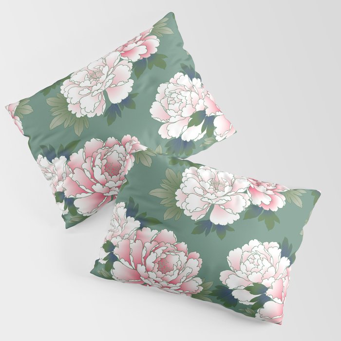 Japanese Vintage Pink Peonies Green Leaves Kimono Pattern Pillow Sham