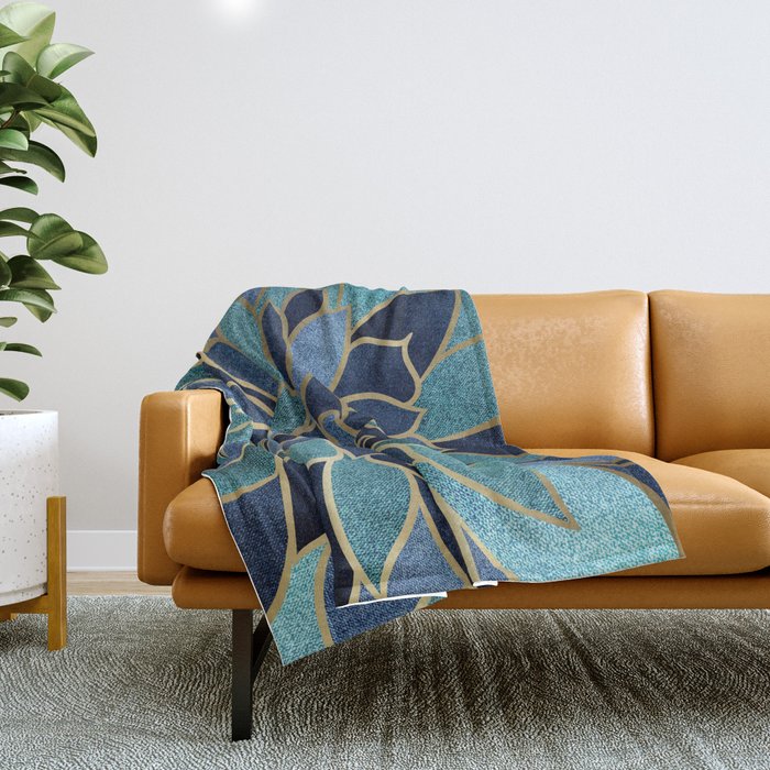 Festive, Floral Prints, Navy Blue, Teal and Gold Throw Blanket