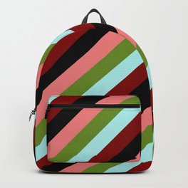 [ Thumbnail: Eyecatching Light Coral, Green, Turquoise, Maroon & Black Colored Striped/Lined Pattern Backpack ]
