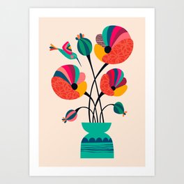 Poppies & Hummingbird Art Print