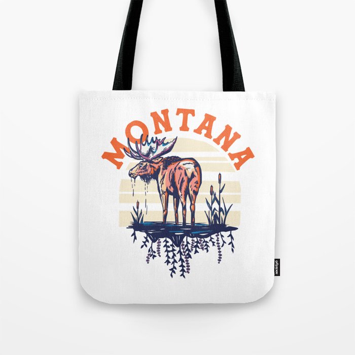 Big Sky Country, Montana. Cool Retro Travel Art Featuring A Moose Tote Bag