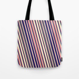 [ Thumbnail: Light Coral, Midnight Blue, Dim Grey, and Light Yellow Colored Stripes Pattern Tote Bag ]